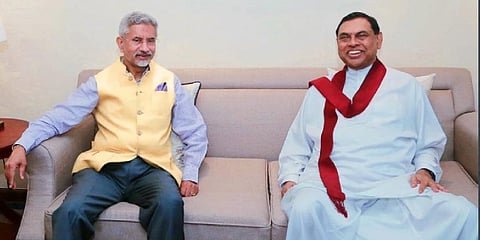 External Affairs Minister S Jaishankar with Sri Lankan Finance Minister Basil Rajapaksa.(Photo | Twitter)