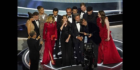 The cast and crew of 'CODA' accept the award for best picture at the Oscars on Sunday, March 27, 2022, at the Dolby Theatre in Los Angeles(Photo |AP)