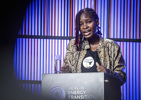 Hilda Nakabuye, Fridays for Future activist from Uganda, speaks at the opening of the Berlin Energy Transition Dialogue at the Federal Foreign Office in Berlin, Germany, Tuesday, March 29, 2022. (AP)