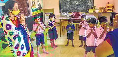Children attend class at an anganwadi centre in Bhubaneswar. ( Photo | EPS)