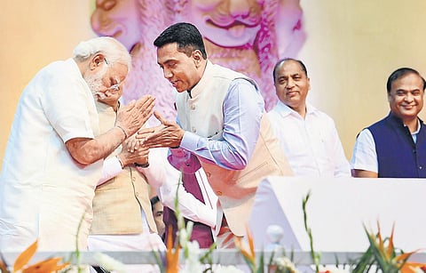 PM Narendra Modi congratulates Goa CM Pramod Sawant in Panaji on Monday | pti