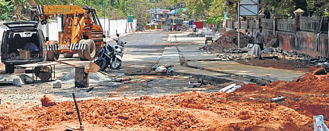 The construction work at Manaveeyam Veedhi is fast progressing. It is expected to be reopen for traffic in April | B P Deepu