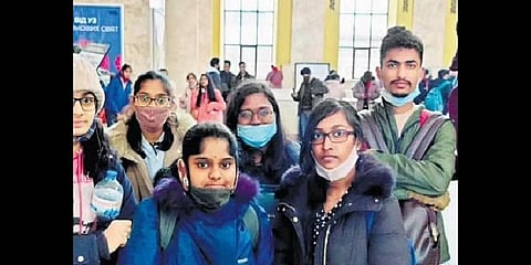 Reddi Nomula Satya Sreeja and her friends at Lviv after their train journey from Kharkiv in Ukraine at 8 am (local time) on Wednesday | EXPRESS