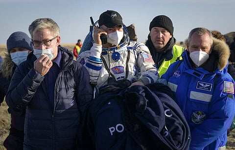 Expedition 66 NASA astronaut Mark Vande Hei is carried to a medical tent. (Photo | AP)