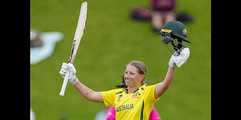 Alyssa Healy of Australia celebrates making 100 runs against the West Indies during their semifinal match of the Women's Cricket World Cup Wednesday, March 30,2022.(Photo | AP)