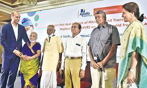 Apollo’s Dr Sai Satish interacts with patients who underwent Mitraclip and TAVR procedures on Wednesday. Apollo VC Dr Preetha Reddy is also seen | P Jawahar