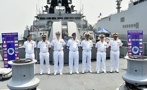 French navy Chief (3rd from L), Indian Navy Chief Admiral R Hari Kumar on his Left along with other senior officers. (Photo | Indian Navy)