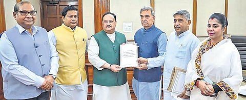 A BJP panel hands over their report regarding the Birbhum-violence, where eight people were burnt alive, to BJP president JP Nadda in New Delhi | PTI