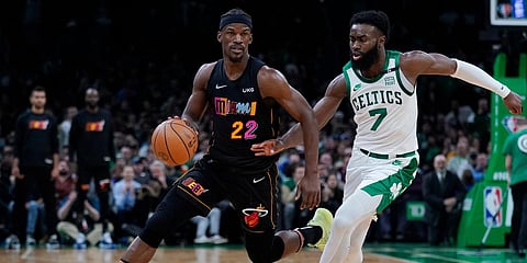Miami Heat forward Jimmy Butler (22) drives to the basket against Boston Celtics guard Jaylen Brown (7) during the second half of an NBA game. (Photo| AP)