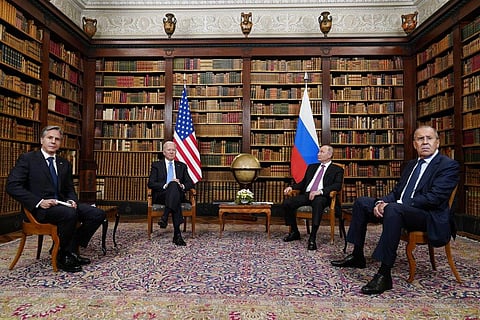 U.S. President Joe Biden and Secretary of State Antony Blinken, left, meets with Russian President Vladimir Putin and Foreign Minister Sergey Lavrov, at the 'Villa la Grange'. (File | AP)