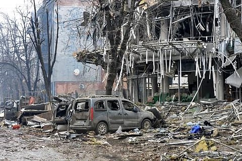 A view of a damaged building, which is said was hit by recent shelling, in Ukraine's second-biggest city of Kharkiv. (Photo | AFP)