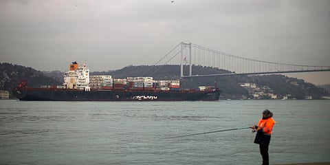 FILE - Cargo ship Oakland crosses the Bosphorus strait towards the Marmara sea after departing from Russia's Novorossiysk port, in Istanbul, Tuesday, March 1, 2022. (Photo | AP)