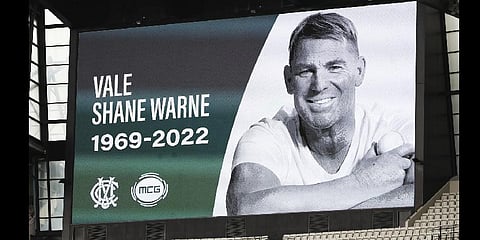 A tribute for cricket legend Shane Warne is displayed on the big screens at the Melbourne Cricket Ground in Melbourne, Australia, Saturday, March 5, 2022.(Photo | AP)