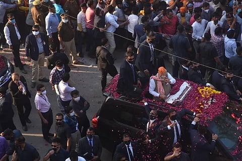 PM flew to his parliamentary constituency Varanasi at around 4 pm and embarked on the road-show around an hour and 45 minutes delay. (Photo | Chandan Rupani/EPS)