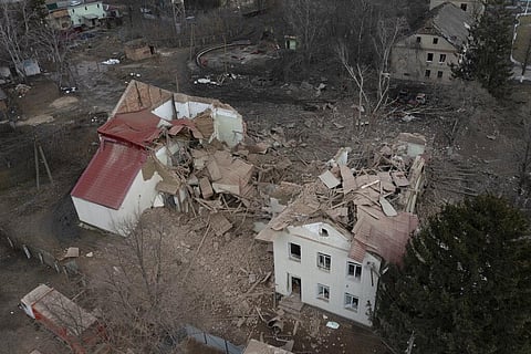 An aerial view of the remains of the local house of culture following a night air raid in the village of Byshiv, 40 kilometres west of Kyiv, Ukraine. (Photo | AP)