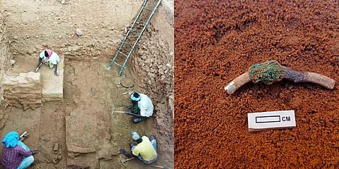 Brick structure suggested that it was the base for the palace (top) A broken piece of bracelet made of gold and copper found during second phase of excavation| Express