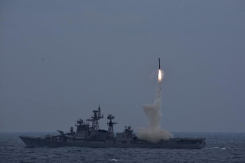 Supersonic cruise missile BrahMos being test-fired from a warship. (File Photo | EPS)