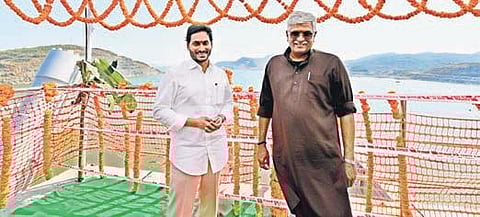 Union Jal Shakti Minister Shekhawat, along with Chief Minister YS Jagan Mohan Reddy, inspects the progress of Polavaram project works on Friday | Express