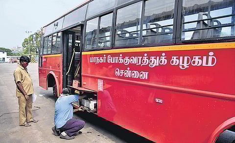 A MTC bus being checked at Pallavan House, in Chennai. (File photo| R Satish Babu, EPS)