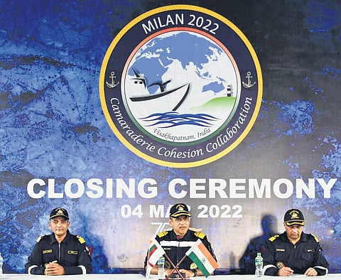 Indian Navy officials brief the media at the closing ceremony of MILAN-22 onboard the INS Jalashwa on Saturday | express
