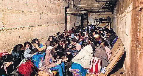 Indian students waiting for evacuation in the basement of the Sumy State University hostel in Ukraine (Photo | Express)