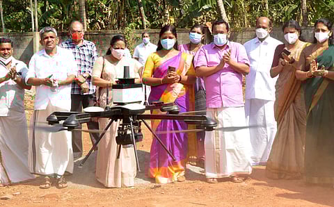A drone being operated during the inauguration of the digital survey at Chiyyaram village in Thrissur.