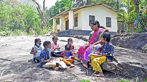KR Usha Kumari with the students at the single-teacher Multi Grade Learning Centre at Kunnathumala in Amboori (Photo | Vincent Pulickal, EPS)