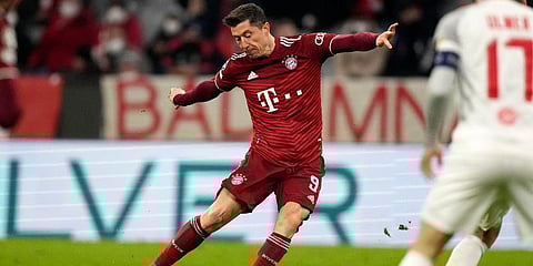 Bayern's Robert Lewandowski shoots on goal during the Champions League, round of 16, second leg match against Salzburg in Munich, Germany, March 8, 2022. (Photo | AP)