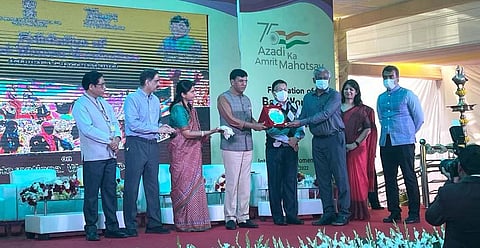 (From left) Director of Public Health Dr T S Selvavinayagam receiving the award on behalf of E Tharani, in New Delhi on Tuesday.
