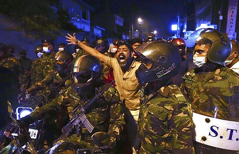 A Sri Lankan man shouts anti government slogans during a protest outside Sri Lankan president's private residence on the outskirts of Colombo, Sri Lanka, Thursday, March 31, 2022(Photo |AP)
