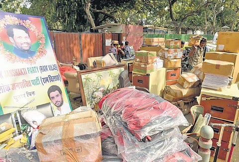 Household items ready to be shifted out of the bungalow on 12, Janpath, allotted to former union minister Ram Vilas Paswan, in New Delhi on Thursday | Express