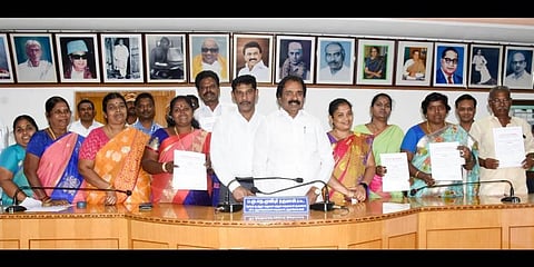 Mayor Mu Anbalagan with the newly-elected chairpersons of the Corporation’s various standing committees in Tiruchy on Thursday | Express