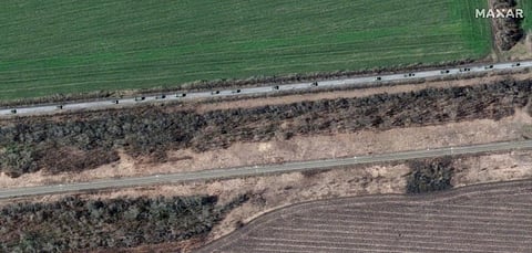 This satellite image provided by Maxar Technologies shows an overview of a convoy of armored vehicles and trucks moving the south, around Velykyi Burluk, east of Kharkiv, eastern Ukraine. (Photo | AP)