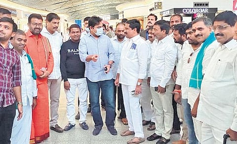 Minister KT Rama Rao and his Cabinet colleagues leave for New Delhi to participate in the TRS dharna over paddy procurement.