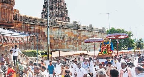 A procession as part of Sri Kodanda Rama Swamy Brahmotsavams in Vontimitta on Monday | Express