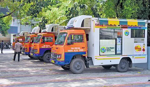 Vehicles functioning as mobile food testing laboratories parked at Thycaud in Thiruvananthapuram on Monday | B P Deepu
