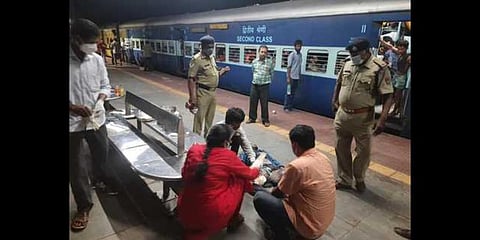 An injured person being given first-aid at Batuva railway station | Express