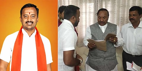 Santosh Patil meeting Minister K S Eshwarappa recently. (Photo | Special Arrangement)
