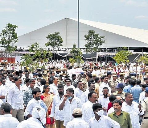 Supporters of new ministers who thronged the venue of swearing-in ceremony at Velagapudi on Monday | Prasant Madugula