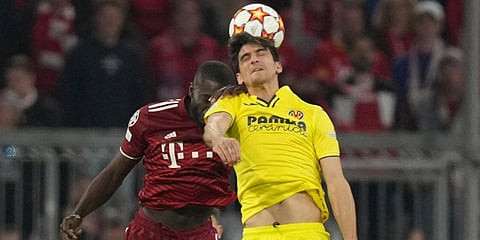 Villarreal's Gerard Moreno (R) heads the ball past Bayern's Dayot Upamecano during the Champions League, second leg, quarterfinal match at the Allianz Arena, in Munich. (Photo | AP)