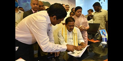 Pinipe Viswarup takes charge as the Transport Minister at the Secretariat on Tuesday | express