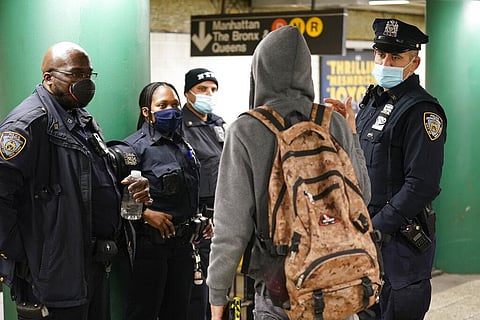 Police officers patrol a subway station in New York, Tuesday, April 12, 2022. (Photo | AP)
