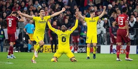 Villareal players celebrate end of the Champions League, second leg, quarterfinal soccer match between Bayern Munich and Villareal at the Allianz Arena, in Munich. (Photo | AP)