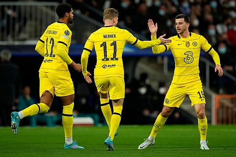 Chelsea's Mason Mount, celebrates after he scored his side's first goal during the Champions League, quarterfinal second leg soccer match between Real Madrid and Chelsea. (Photo | AP)