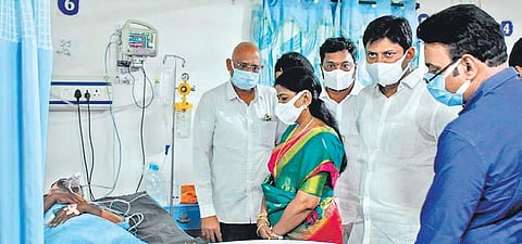 Home Minister T Vanitha visits injured patients at Andhra Hospitals in Gollapudi on Thursday | Prasant Madugula