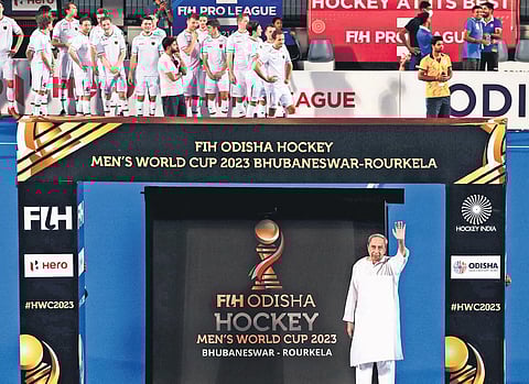 Chief Minister Naveen Patnaik after releasing the logo of FIH Men’s Hockey World Cup 2023 at Kalinga Stadium | Express
