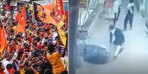 A screengrab from the CCTV footage, showing the rioters vandalizing a scooter.