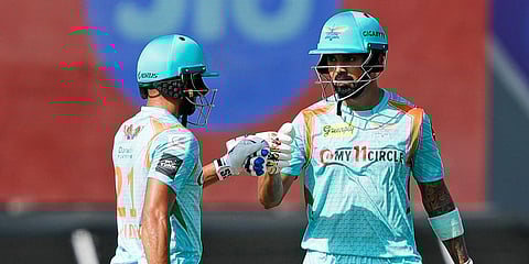 Lucknow Super Giants skipper KL Rahul celebrates his half-century with Manish Pandey during an IPL 2022 match against Mumbai Indians, at Brabourne Stadium, in Mumbai. (Photo| ANI)