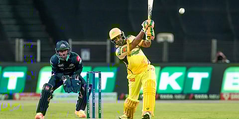Chennai Super Kings' Ambati Rayudu plays a shot during an IPL 2022 match against Gujarat Titans, at the MCA International Stadium, in Pune. (Photo| PTI)