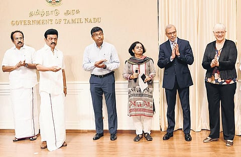 Chief Minister MK Stalin inaugurating the global hub of NielsenIQ via video-conferencing on Monday | Express